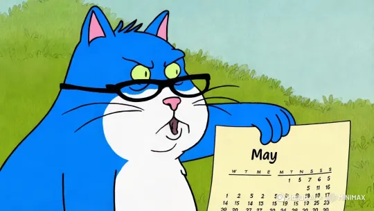 一只蓝色很胖的猫戴着眼镜，看着5月日历非常生气 by Hailuo AI Video Generator