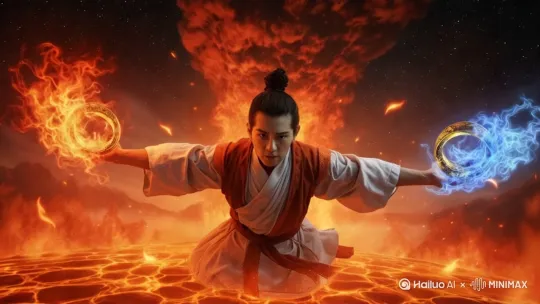 以运动镜头向前推进，聚焦一位仙侠男子。身着中式练功服，跳起来，向后退去，步伐快速，身姿矫健。在流淌的熔岩之上跑动，周围环绕着炽热的火焰圆环。熔岩流经之处，火山喷发景象壮观，伴有震撼的音效，整体画面充满奇幻与力量感。 仙侠大电影风格，玄幻，古朴，孤独，高清 by Hailuo AI Video Generator