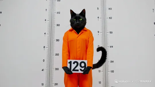 一只拟人化的猫穿着亮橘色连体囚服，站在带有刻度标记的白色身高测量墙前。它手持一块牌子，牌子上写着129，猫咪表情严肃，眉头微蹙，眼神直视前方，透露出一丝无奈与不解。它的尾巴从身后优雅地伸出，微微卷曲，增添了几分生动感。背景是一面简洁的白色墙壁，仅有的刻度线增加了画面的秩序感。近景特写，平视视角，捕捉到猫咪微妙的情绪变化。 by Hailuo AI Video Generator