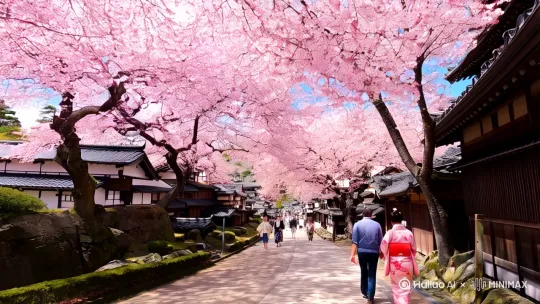 “阳光明媚的春日，樱花盛开的日本京都街头，以第一人称视角漫步，微风轻拂花瓣飘落，周围人群身着传统和服，镜头跟随脚步移动，展现古色古香的街道与特色建筑” by Hailuo AI Video Generator