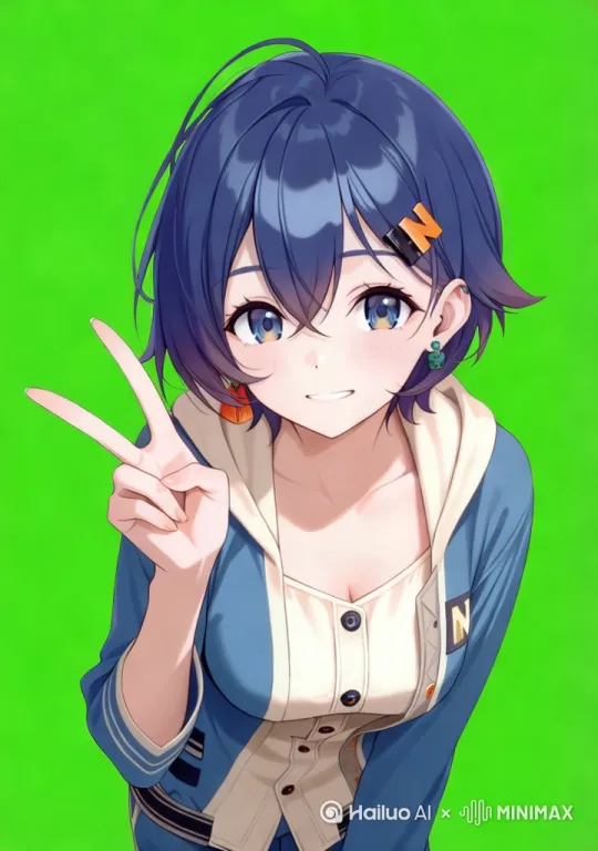 masterpiece, best quality, detailed shading, live2D loop animation, 30fps, seamless cycle。
Character half-body portrait with short blue-purple hair and “N” hairclip, hair tips gently drifting; blue-and-white jacket sways naturally with breath, collar subtly rising and falling, background remains static solid color; eyes blink rhythmically at 0.5s intervals, camera performs slight breathing motion vertically, V‑sign hand pose held steady with minimal joint movement; motion amplitude limited within ±2°, seamless loop without frame jumps; lighting and shading emphasize soft skin highlights, continuous hair strand and fabric fold dynamics; render settings: masterpiece, best quality, detailed shading, live2D loop animation, 30fps, seamless cycle. by Hailuo AI Video Generator