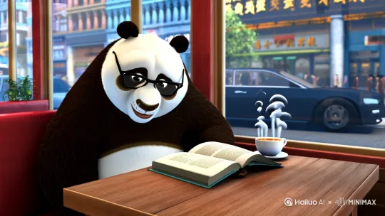 一只大熊猫戴着黑框眼镜在咖啡厅看书，书本放在桌子上，桌子上还有一杯咖啡冒着热气，旁边是窗户 by Hailuo AI Video Generator