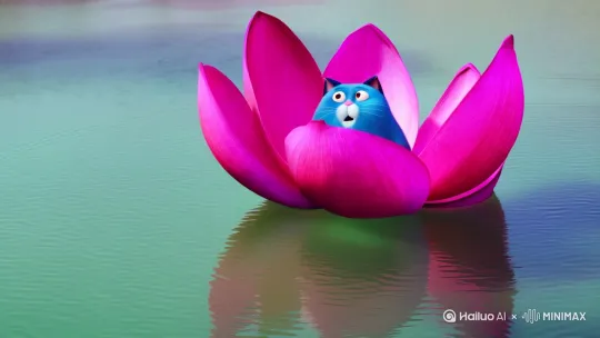 蓝色胖猫从哪吒的粉色宝莲中重生，宝莲在清澈的水面，粉色的莲花占据大半个屏幕 by Hailuo AI Video Generator