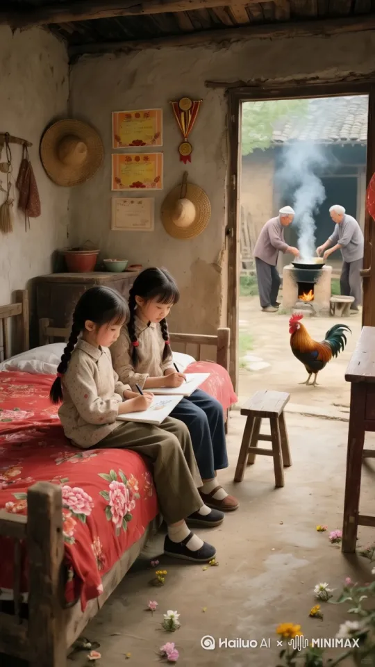 固定机位镜头，两个小女孩正在一边交谈一边绘画，屋外两个人正在烹饪，灶台下生着火，锅里冒着热气。屋外的公鸡在走来走去。 by Hailuo AI Video Generator