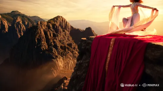 Epic ancient Chinese mythology scene, majestic Mount Tai summit, a female warrior in flowing light-lavender silk robes with celestial ribbons, dynamic leaping pose mid-air as if flying, wind-blown hair and fabric, golden sunrise backlight, misty clouds swirling around cliffs, grand panoramic view (wide shot) capturing vast mountain range below, highly detailed textures of rocks and fabric, dramatic chiaroscuro lighting inspired by Zhang Yimou's films, cinematic color grading with crimson and gold accents, hyper-realistic 8K rendering, mythological grandeur, --ar 2:1 --v 6 by Hailuo AI Video Generator