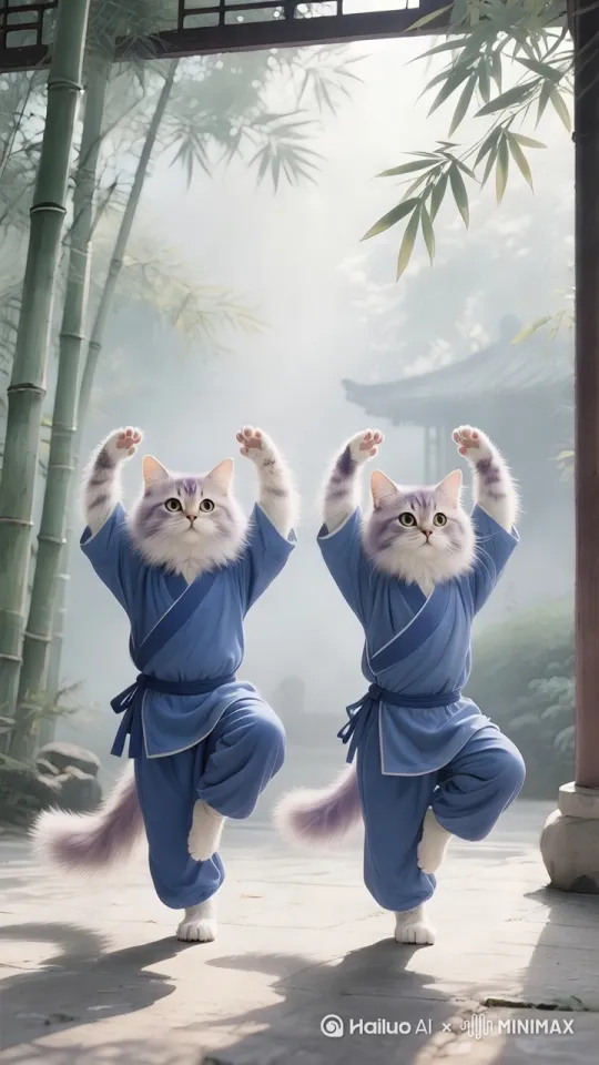 旋转环绕镜头：小猫咪从“双手托天”缓慢过渡到“调理脾胃”，镜头围绕主体360度旋转，背景竹林随风摆动，加入水墨粒子消散特效，节奏舒缓，配古筝背景音[citation:2][citation:8]。 by Hailuo AI Video Generator