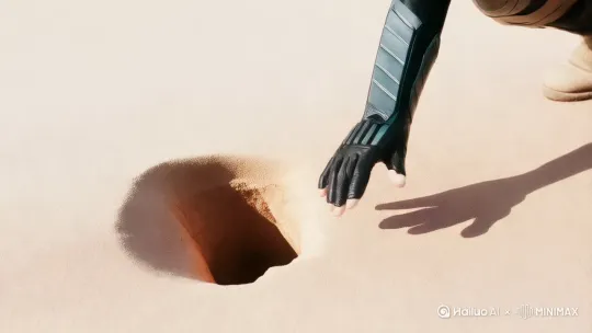 固定镜头：沙漠裂缝中浮现发光符号，特写：猫星人瞳孔同步闪烁，拉开至中景：身边穿着紧身铠甲的主角半蹲触摸符号，镜头拉远：地面震动裂开巨坑。 by Hailuo AI Video Generator
