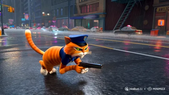 大胖橘猫穿着警服手里拿着枪在城市的下雨天抓坏人结果被枪打伤 by Hailuo AI Video Generator