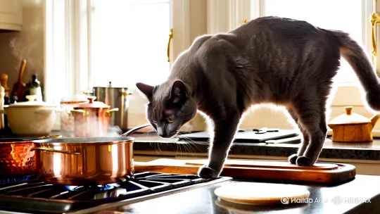 灰色的猫做饭 by Hailuo AI Video Generator