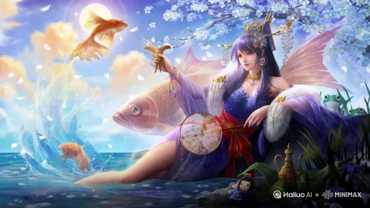 视角不变，人物手部、眼睛、头发微微动起来，背景的水花卷起来 by Hailuo AI Video Generator