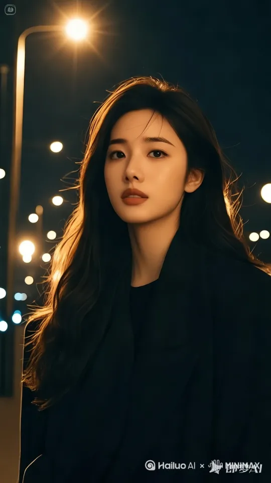 夜晚街头，中景镜头，一位悲伤的女孩站在路灯亮起的街道边，长发随风轻拂，背景是逐渐被暮色笼罩的建筑与车灯虚光，光线从侧后方打出淡金色柔影，色调为暖灰混橘黄，画面安静疏离，适合伤感离别氛围，摄影级真实质感，4K高清，人像摄影风格 by Hailuo AI Video Generator