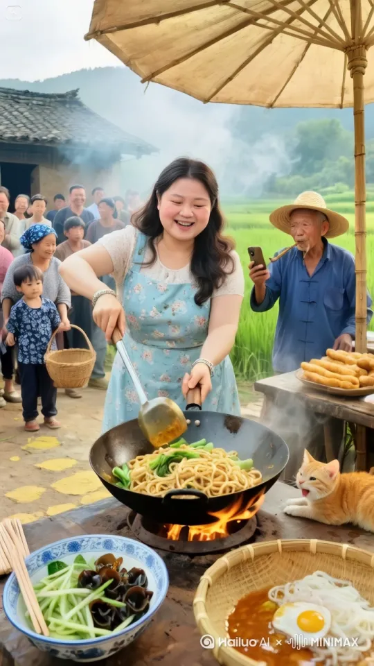 起进行托马斯回旋，同时双手如闪电般举起大锅在空中急速翻转，同时操起锅铲以排山倒海之势大力翻炒锅中食材，食材瞬间如五彩的流星在铁锅的上空翻滚跳跃。接着，美女一个金鸡独立，单腿稳稳支撑，另一条腿高高抬起，手中锅铲左右开弓，带起呼呼风声，锅铲与铁锅碰撞出火花，火光四溅。周围围满了前来参加喜宴的村民，男女老少都瞪大了眼睛，满脸惊叹，有的张大嘴巴，有的不禁拍手叫好。 by Hailuo AI Video Generator