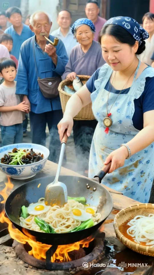 镜头移动，动态跟随，进行托马斯回旋，同时双手如闪电般举起大锅在空中急速翻转，同时操起锅铲以排山倒海之势大力翻炒锅中食材，食材瞬间如五彩的流星在铁锅的上空翻滚跳跃。接着，美女一个金鸡独立，单腿稳稳支撑，另一条腿高高抬起，手中锅铲左右开弓，带起呼呼风声，锅铲与铁锅碰撞出火花，火光四溅。周围围满了前来参加喜宴的村民，男女老少都瞪大了眼睛，满脸惊叹，有的张大嘴巴，有的不禁拍手叫好。 by Hailuo AI Video Generator