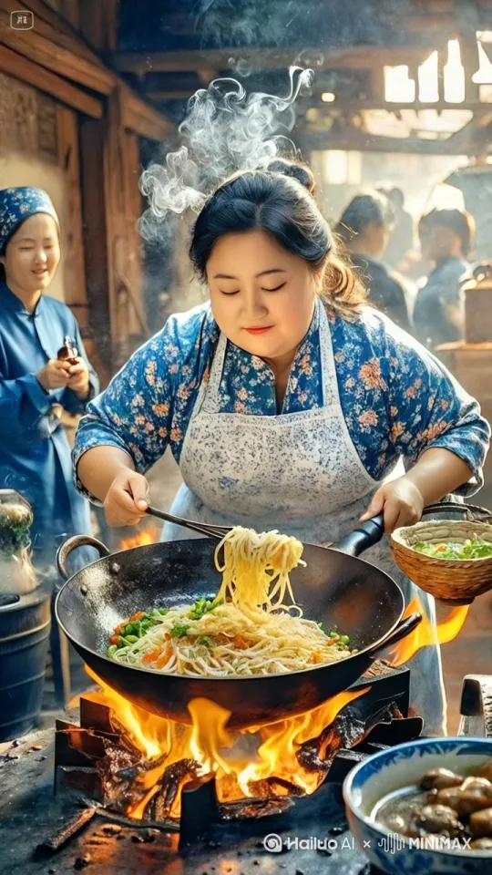 镜头移动，动态跟随，进行托马斯回旋，同时双手如闪电般举起大锅在空中急速翻转，同时操起锅铲以排山倒海之势大力翻炒锅中食材，食材瞬间如五彩的流星在铁锅的上空翻滚跳跃。接着，美女一个金鸡独立，单腿稳稳支撑，另一条腿高高抬起，手中锅铲左右开弓，带起呼呼风声，锅铲与铁锅碰撞出火花，火光四溅。周围围满了前来参加喜宴的村民，男女老少都瞪大了眼睛，满脸惊叹，有的张大嘴巴，有的不禁拍手叫好。 by Hailuo AI Video Generator