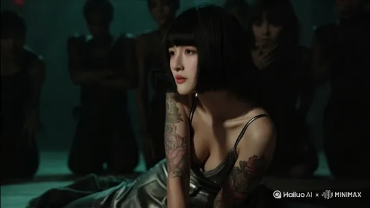 [推出,上升,下摇]女人邪魅一笑站起来伴随着身体开始微微发光，周围的人开始跪拜，接着女人眼睛也开始发光。 by Hailuo AI Video Generator