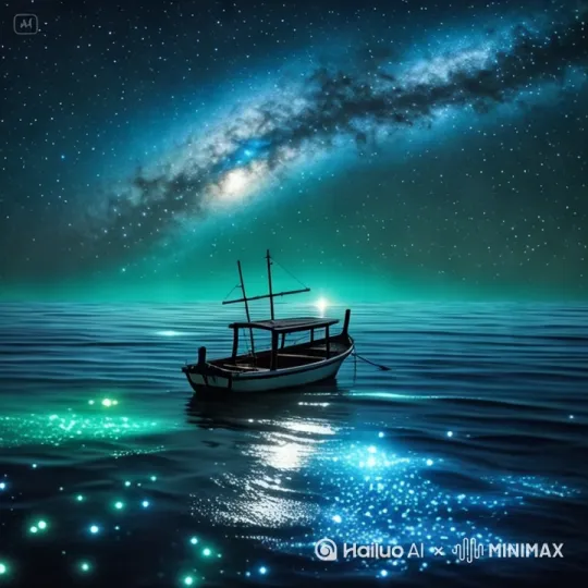 小船飘荡在波光粼粼的水面[推进,上升]星河缓缓转动，水面波光粼粼[左移,上升][左移,上升] by Hailuo AI Video Generator