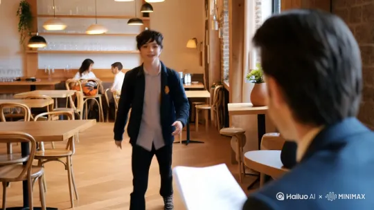 帅气男大学生应聘咖啡厅服务员，精神抖擞 by Hailuo AI Video Generator