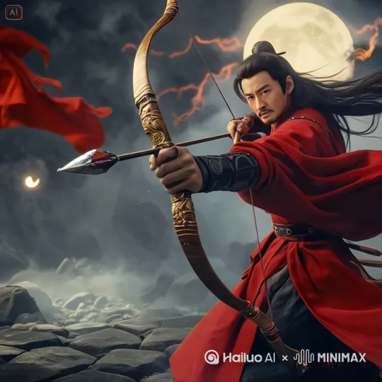 [左移,右摇,跟随]/人物主体不动，画面风吹特效，吹动旗帜，人物头发和衣袍扬 by Hailuo AI Video Generator