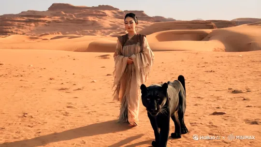 一个中国汉朝美貌女子，身穿汉服，衣裳衫褴褛，与一只黑豹在沙漠中向镜头走来，4K摄影，超高清画面，大师级摄影[右移,左摇,跟随] by Hailuo AI Video Generator