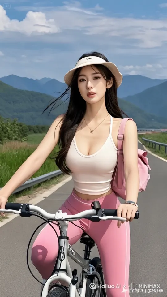 女子骑着自行车往前走，镜头全程被动拍摄 by Hailuo AI Video Generator