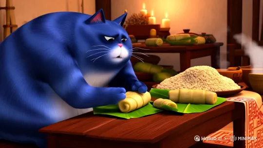 一只蓝色的大胖猫在包粽子嘴里念叨着端午端午你快来，我要坚持不住了 by Hailuo AI Video Generator