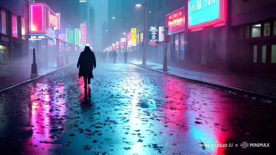 分镜1: 雨夜的城市街道上霓虹灯在湿漉漉的地面反射冷光。一个孤独的身影在斑驳的灯影中缓慢行走。镜头从背后缓缓拉远，朦胧雨丝中模糊了行人的轮廓。

分镜2: 狭窄的小巷里被风吹起的落叶掠过砖墙。路灯将流浪者的影子投射在斑驳墙面上。主体倚靠着潮湿墙壁仰望天空，手持镜头轻微晃动，低角度构图强化孤独感。

分镜3: 人行天桥下霓虹广告牌的光斑在钢架间跳动。主人公在光影交界处突然展开舞蹈动作。摄像机推进至面部特写，深蓝夜色与刺眼霓虹形成强烈视觉对比。

分镜4: 俯视镜头下的城市全景闪烁着无数光点。主体站在高楼天台边缘，泪水在霓虹映射下泛着彩色光芒。无人机视角展现建筑森林的压迫感，红蓝霓虹与黑暗形成割裂画面。

分镜5: 午夜的十字路口空无一人，残留的霓虹倒影在积水里扭曲变形。慢镜头拍摄最后的雨滴坠入水洼，激起的涟漪模糊了所有倒影，潮湿地面反射出最后的路灯光晕。 by Hailuo AI Video Generator