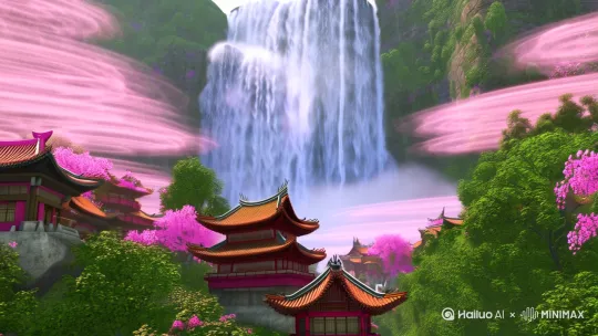 画面展现了一处奇幻的仙境景观。壮观的瀑布从高处倾泻而下，水流间夹杂着层层粉色云雾，如梦似幻。错落有致的中式传统建筑点缀其间，屋顶飞檐翘角，部分建筑屋顶覆盖着粉色花卉，与云雾相呼应。建筑颜色丰富，有粉色、红色、棕色等，在绿树的环绕下更显生动。 by Hailuo AI Video Generator