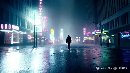 大全景	冷色调的城市夜晚，霓虹灯牌在雨雾中模糊闪烁，空旷街道反射水光 分镜1: 雨夜的城市街道上霓虹灯在湿漉漉的地面反射冷光。一个孤独的身影在斑驳的灯影中缓慢行走。镜头从背后缓缓拉远，朦胧雨丝中模糊了行人的轮廓。 分镜2: 狭窄的小巷里被风吹起的落叶掠过砖墙。路灯将流浪者的影子投射在斑驳墙面上。主体倚靠着潮湿墙壁仰望天空，手持镜头轻微晃动，低角度构图强化孤独感。 by Hailuo AI Video Generator