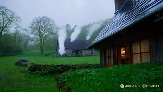 春天的傍晚天空下着小雨，一户农家炊烟袅袅，屋里的孩童出来望向天空 by Hailuo AI Video Generator
