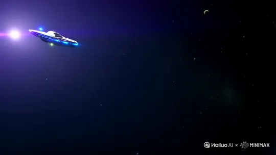 [左移,推进,右摇]
- 黑暗宇宙
- 星际航行
- 神秘飞船
- 宇宙能量
- 未知星系
- 超光速引擎
 
运镜：可以采用环绕运镜，围绕宇宙飞船展示其全貌和航行姿态；旋转运镜，以飞船为中心旋转镜头，展现周围浩瀚的宇宙空间。拍摄手法：运用低角度仰拍突出飞船的庞大和神秘，通过快速切换镜头展现飞船航行的速度感。周围环境：远处有闪烁的星云，呈现出五彩斑斓又神秘深邃的光芒，偶尔有流星划过，宇宙中还弥漫着淡淡的宇宙尘埃，给黑暗的宇宙增添几分朦胧感。 by Hailuo AI Video Generator