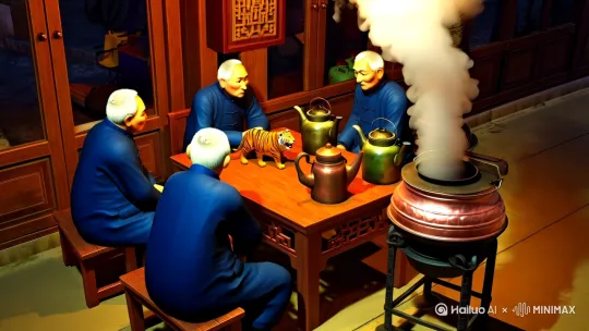 老上海老虎灶夜景，暖黄灯光笼罩木质门廊，五位穿藏青布褂的白发老人围坐八仙桌，铜制老虎灶口吐出白雾蒸汽，墙边铁皮水壶泛着铜绿光泽，褪色春联残留在杉木门框，方砖地面积着水渍反光，竹编热水瓶列在柜台，背景有模糊的黄包车夫身影经过，焦糖色胶片质感，广角镜头景深，木质纹理特写，雾化玻璃窗透出灯笼红光，老式算盘斜搭在粗陶茶罐旁，搪瓷缸口升腾热气 by Hailuo AI Video Generator