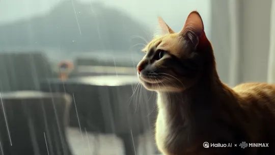 雨天猫咪在窗边看风景，切换回忆片段（如幼猫时期）。背景音乐：轻钢琴曲+字幕：“谢谢你陪我长大。 by Hailuo AI Video Generator