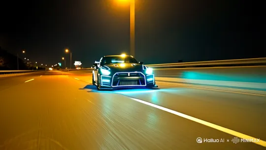 画一个改装的日产gtr，车身是钢琴黑色，在夜间的高速公路上正向行驶，视角从车头45度到侧面车身再到后车尾，然后定格车继续往前驶去，车底盘还有提夫尼蓝的荧光灯，画面要电影级的 by Hailuo AI Video Generator