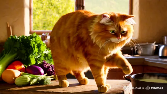 一只胖嘟嘟的橘猫在炒菜 by Hailuo AI Video Generator