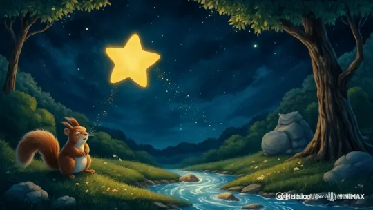 夜空中有一颗小星星，名叫闪闪。它和别的星星不一样——每到晚上，其他星星都安静地挂在天上眨眼睛，可闪闪却总是失眠。

“为什么我睡不着呢？”闪闪苦恼地晃了晃身子，不小心掉下几粒光粉，落在人间的一片森林里。

一只熬夜追剧的小松鼠被光粉砸中了脑袋，气呼呼地抬头喊：“喂！上面的星星，你的‘头皮屑’掉我爆米花里啦！”

闪闪吓了一跳，连忙道歉：“对不起！我……我只是太无聊了。”

小松鼠眼珠一转：“无聊？那不如帮我个忙吧！森林里的小溪最近不唱歌了，你能用光照亮水底，看看怎么回事吗？”

闪闪点点头，努力集中光芒照向溪水。原来，溪底卡着一块大石头，堵住了水流。小松鼠叫来河狸大叔，大家一起搬走了石头。

“哗啦啦——”溪水重新唱起了歌，森林里的动物们被吵醒了，纷纷探出头。萤火虫们以为天亮了，迷迷糊糊开始跳舞；猫头鹰博士顶着黑眼圈抱怨：“谁大半夜开演唱会啊？”

而闪闪呢？它看着热闹的森林，突然打了个哈欠……原来，帮助别人会让心里暖暖的，暖得就像被云朵被子裹住一样。

这一夜，闪闪终于睡着了。 by Hailuo AI Video Generator