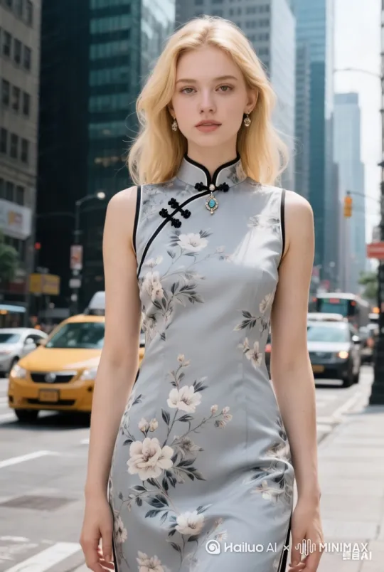 一位穿着时尚黑色连衣裙的女子优雅地走在繁华都市街道上，发丝被微风撩起时低头浅笑，背后车流形成动态模糊的光轨。霓虹灯招牌在暮色中闪烁，采用近景构图突显她富有魅力的步伐韵律，暖色调路灯映照出柔和的面部轮廓。[右移,跟随] by Hailuo AI Video Generator