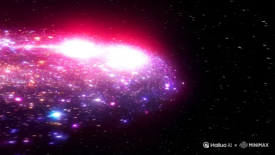 帮我生成一张图片：在宇宙中有一颗恒星级的太阳大爆爆炸，所有的光波粒子与超能量伽马射线在广袤深邃的太空深处产生的光晕脉冲辐射波膜高达十光年。图片风格为写真，比例 16:9。[右移,左摇,跟随]360度环绕跟踪镜头 by Hailuo AI Video Generator