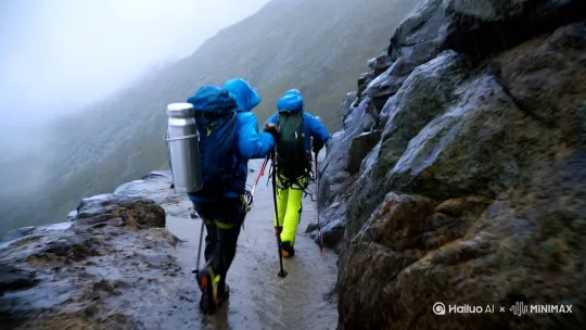 分镜1: 两位身着现代登山装备的美国人冒着倾盆大雨在泥泞山路上奔跑。强风卷起防水外套的兜帽，登山杖尖端深深插入湿滑的岩缝。摄像机推进捕捉到其中一人背包侧面剧烈晃动的金属水壶。

分镜2: 躲藏在凸出岩壁下的登山者蜷缩身体。雨水顺着碳纤维登山杖流淌成线，冲锋衣反光条在昏暗环境中微微发亮。镜头静止不动展现暴雨击打花岗岩表面的密集波纹，画面真实，像实拍 by Hailuo AI Video Generator