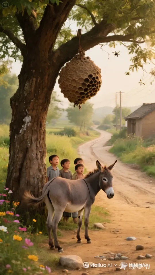 镜头动态跟随移动，忽然一小孩打驴一下，驴受惊，驴飞跳起撞落马蜂窝，马蜂窝落到孩子们和驴身上。无数马蜂飞落，孩子们和驴上窜下跳，飞速逃跑。 by Hailuo AI Video Generator