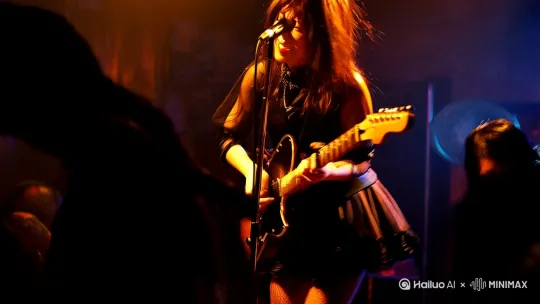 live house，一位中国女主唱在声嘶力竭的唱歌，穿着Lolita，二次元，暗黑风，演奏着电吉他，半身像，倾斜构图，昏暗环境，阴影，冷暖光照，完美的光照，灰尘，汗水，中长发，前面有攒动的人影 by Hailuo AI Video Generator