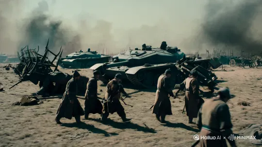一群士兵在打扫战场，硝烟弥漫，路过破损战车和坦克[右移,左摇,跟随] by Hailuo AI Video Generator
