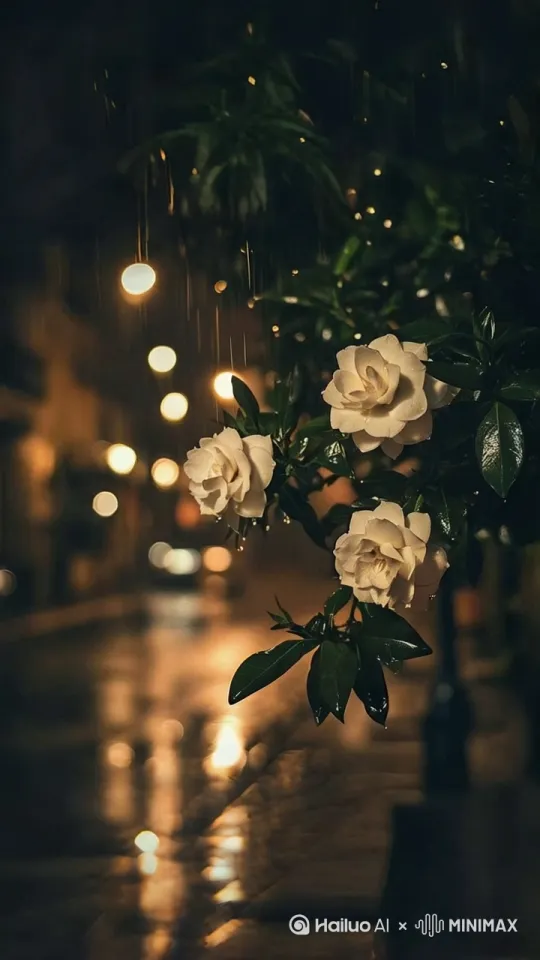 固定镜头，栀子花被风吹动夹杂着雨丝 by Hailuo AI Video Generator
