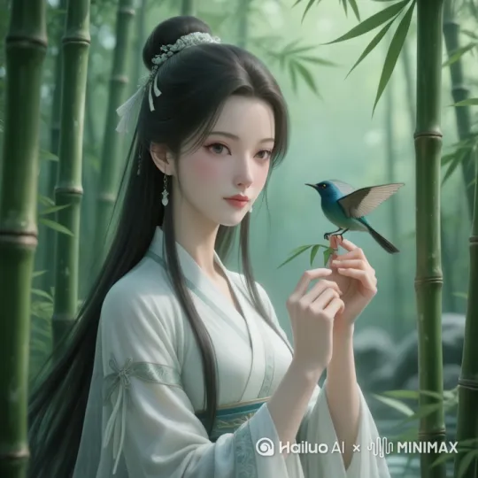 眼睛慢慢闭上 仰望天空，手上的小鸟扇动着翅膀慢慢飞动着， 弥散渐变 层次感 光华流转 3d渲染 oc渲染 烟雾粒子飘散 生物发光体  电流流动 C4 D，超高清4k画质 by Hailuo AI Video Generator