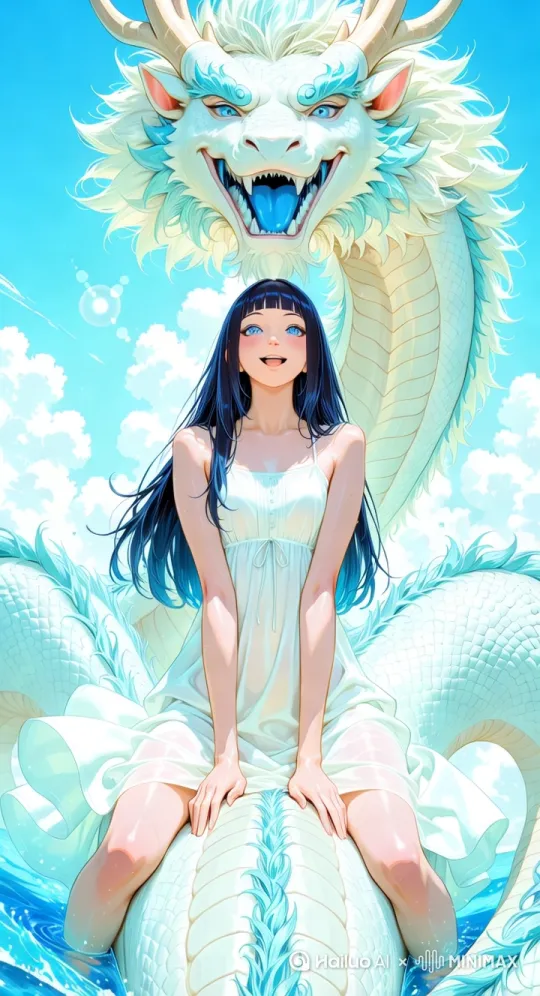 女孩头发裙子随风摆动，龙的身体抖动[左移,推进,右摇] by Hailuo AI Video Generator