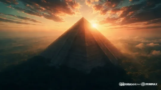 今天是古代三眼族人非常重要的节日，初升的阳光逐渐照射到金字塔顶尖。 by Hailuo AI Video Generator