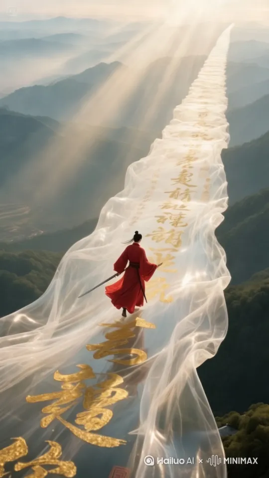 [下降,上摇]人向画面之内的丝绸之路远方走去[推出,上升,下摇][跟随]路丝绸之路不断轻轻飘荡延展，[推进,上升]飘荡，[推进,上升] by Hailuo AI Video Generator