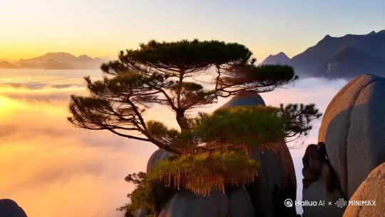 晨曦微露，黄山在轻纱般的薄雾中苏醒，镜头首先停留在姿态优美的迎客松上，松针上的露珠闪烁着微光。接着，镜头缓缓移动，掠过形态各异的怪石，如飞来石、猴子观海等，展现出大自然的鬼斧神工。随后，太阳渐渐升起，云海开始翻腾，如波涛汹涌的白色海洋，山峰在云海中时隐时现，如梦如幻。此时，镜头拉远，展示出黄山的全景，阳光洒在山巅，金光闪闪，整个画面充满了生机与活力，让人感受到黄山的壮美与神奇。 by Hailuo AI Video Generator