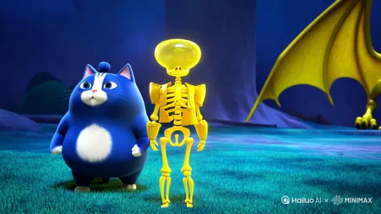 一个蓝蓝的胖胖的猫，周围缓缓出现一个半透明的黄色的须佐能乎骨架将它包围，之后肌肉出现，衣服接着出现，然后一层透明的黄色盔甲将它包围。接着，黄色半透明须佐长出双脚骨架，肌肉也开始填充，盔甲也包住了须佐之腿，黄色半透明的须佐手里逐渐幻化出一柄跟须佐一样黄色半透明的长枪，胖猫的须佐将长枪向一只巨大的黄色恶龙刺去 by Hailuo AI Video Generator