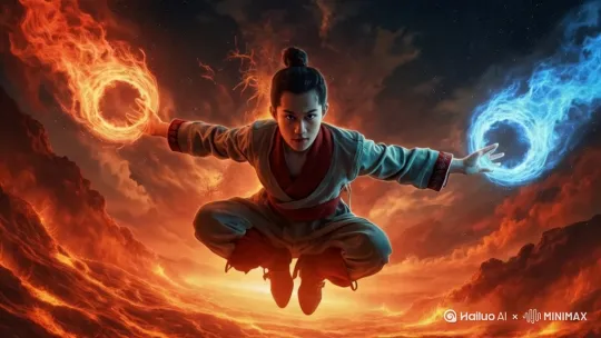 以运动镜头向前推进，聚焦一位仙侠男子。身着中式练功服，跳起来，向后退去，步伐快速，身姿矫健。在流淌的熔岩之上跑动，周围环绕着炽热的火焰圆环。熔岩流经之处，火山喷发景象壮观，伴有震撼的音效，整体画面充满奇幻与力量感。 仙侠大电影风格，玄幻，古朴，孤独，高清 by Hailuo AI Video Generator