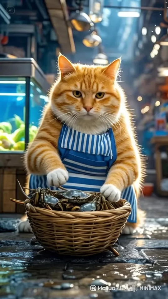 胖橘猫身着蓝白条纹围裙，站在湿漉漉的石板路上，眼神专注而坚定。它微微下蹲，两只爪子紧紧抓住装满螃蟹的篓子两侧，深吸一口气，双臂缓缓发力，将篓子稳稳抬起。篓子里的螃蟹张牙舞爪，却丝毫没有影响到胖橘猫。它挺直身子，调整了一下抓握的姿势，迈开步子，不紧不慢地向前走去。每一步都沉稳有力，仿佛肩负着重要的使命，在这热闹的市场中，踏出属于自己的节奏。 by Hailuo AI Video Generator